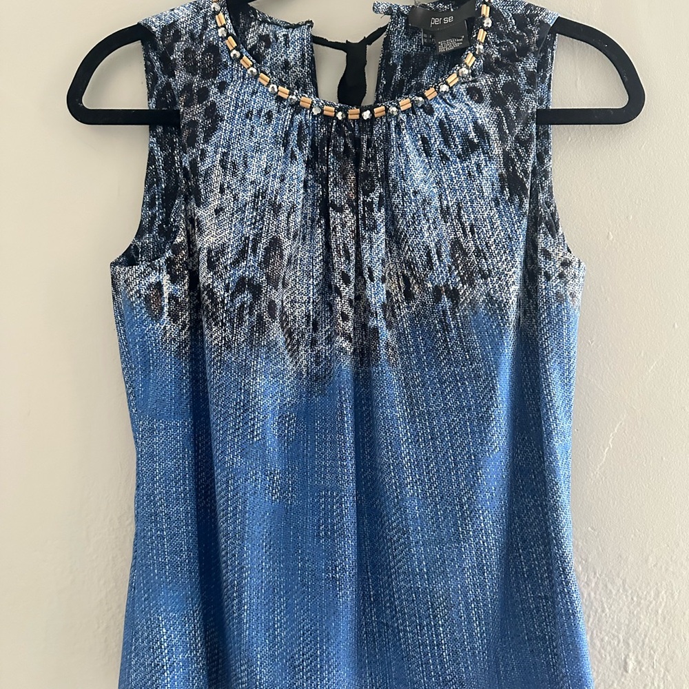 Per Se Blue Ombre Animal-Print Beaded Neck Sleeveless Camisole